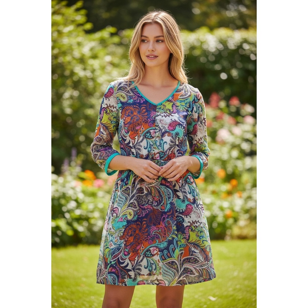 Umgee Paisley Mini Dress Small S Boho Whimsical Cotton Blend Elastic Waist‎
